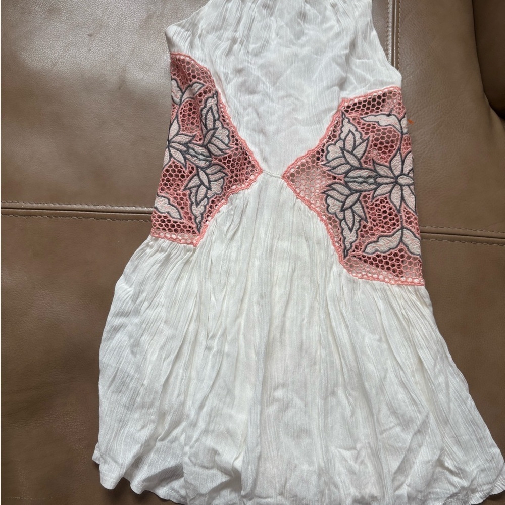 White Sleeveless Romper with Pink Lace Insets